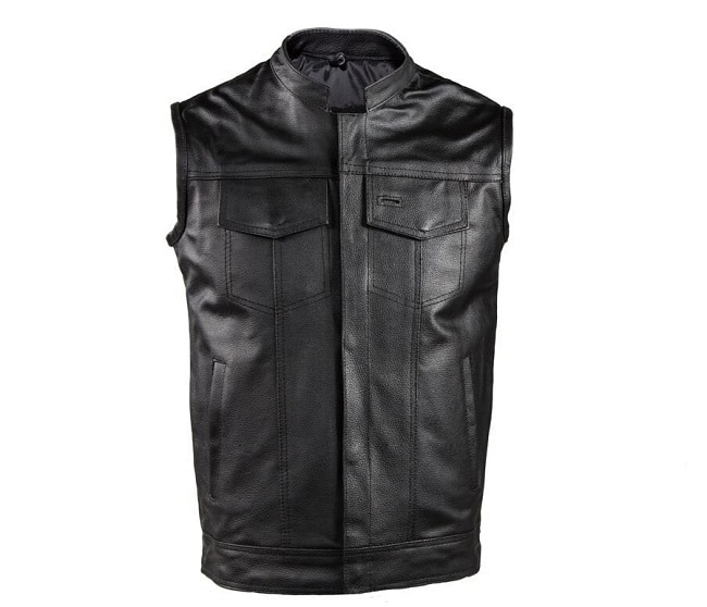 Black Leather SOA style motorcycle vest with Gun Pockets and holster