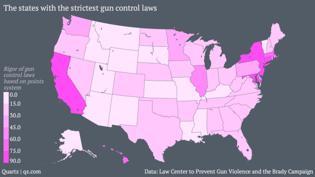 map of the states with strictest gun laws
